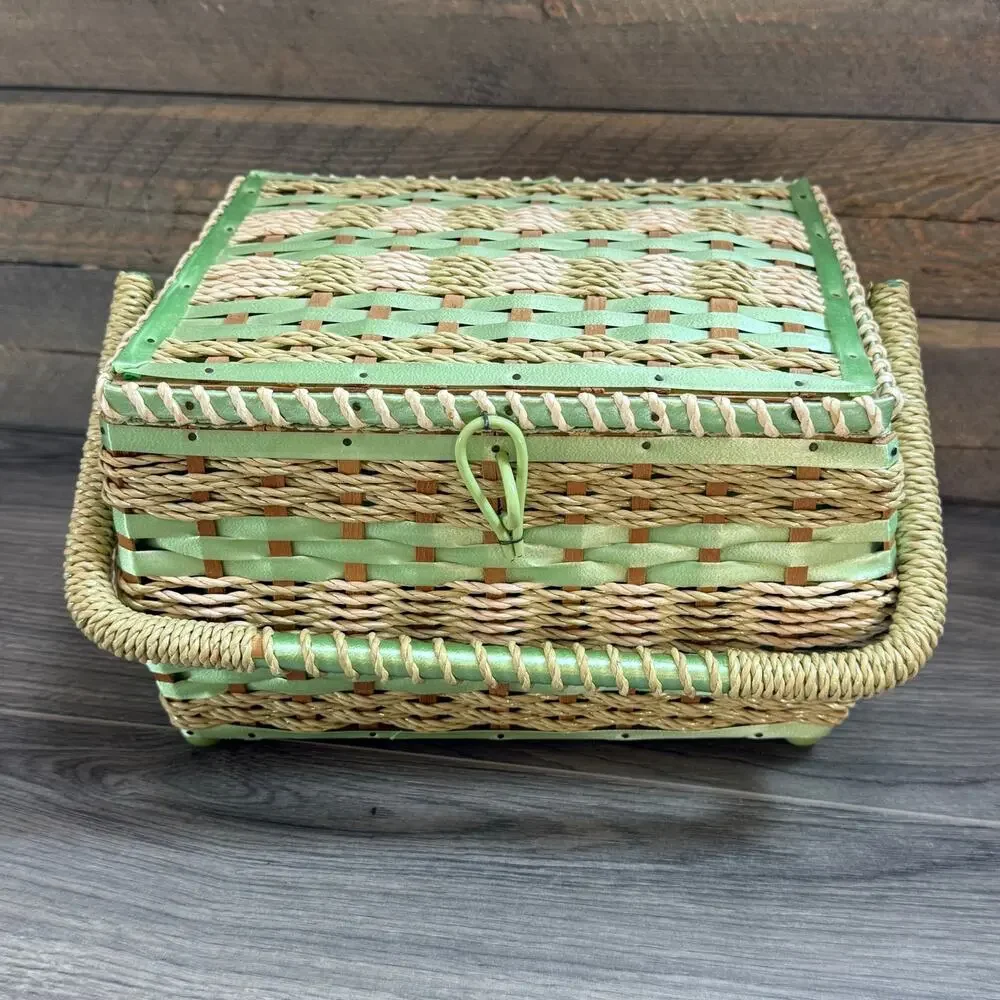 Vintage 1960s Wicker Sewing Basket Granma Cottagecore Shabby Chic Country Japan